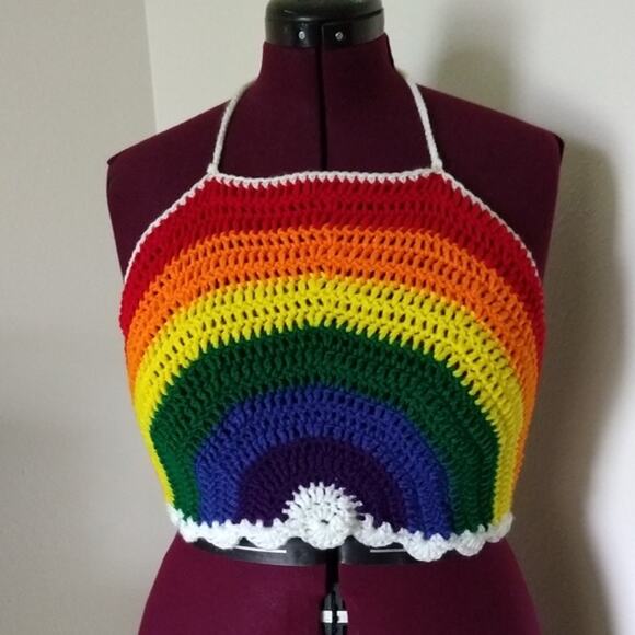 Large Rainbow Halter Top crochet handmade tie at neck and two around chest crop - Picture 2 of 10